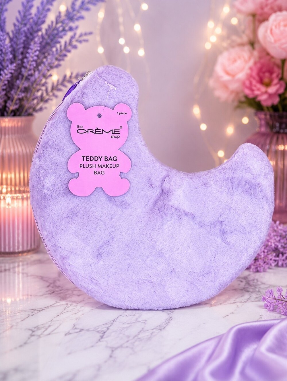 🕯The Crème Shop Teddy Bag Plush Makeup Bag Lavender Crescent Cosmetic Pouch NWT